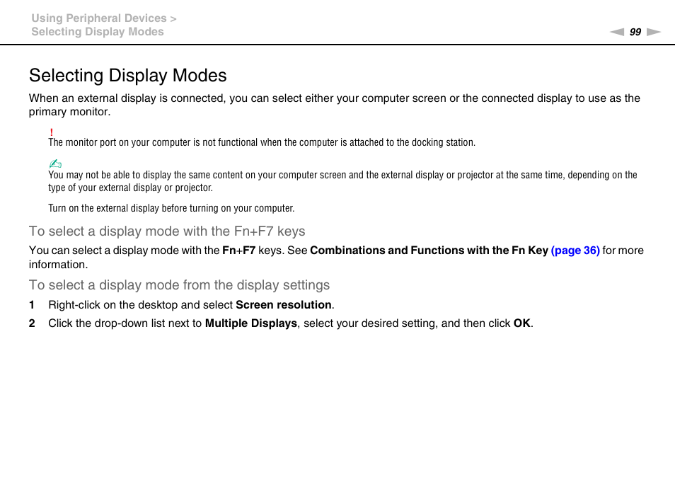 Selecting display modes | Sony VAIO VPCS13 User Manual | Page 99 / 192