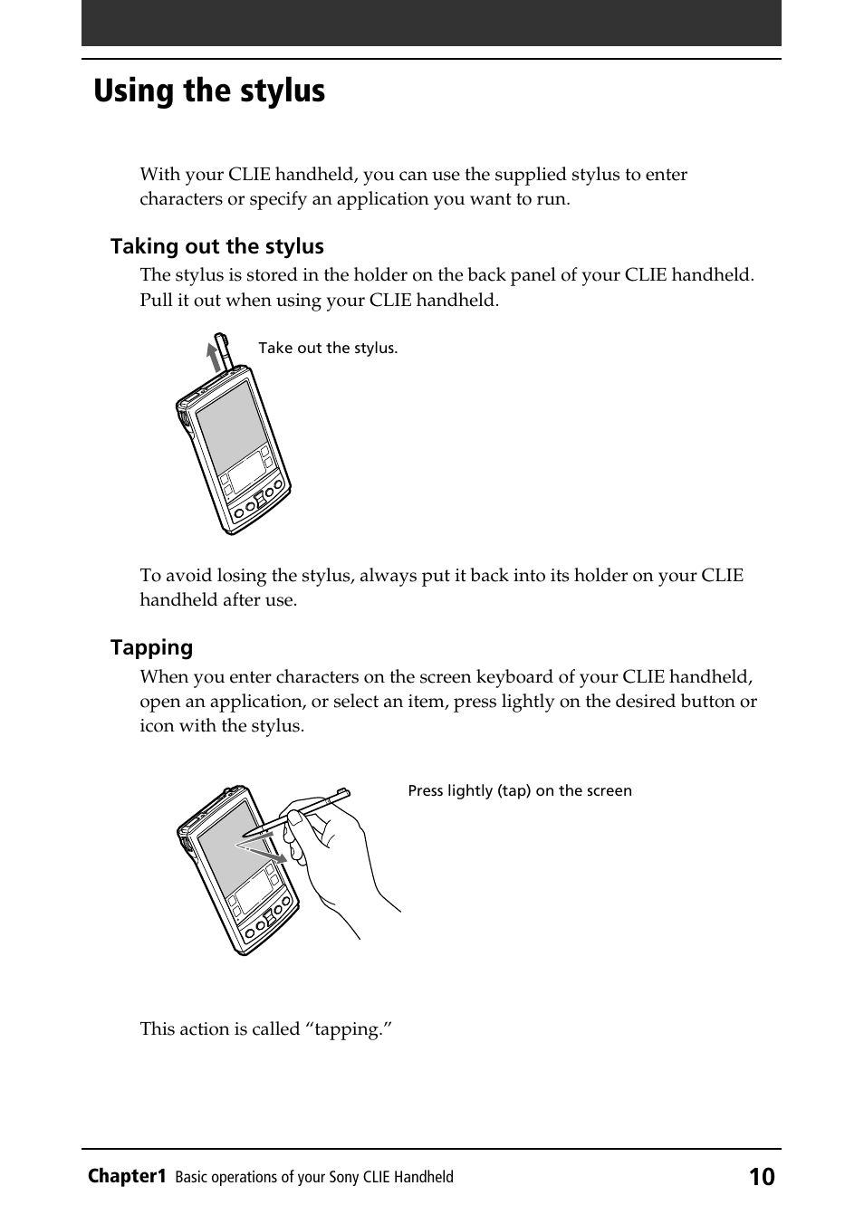 Using the stylus, How to use, Tapping | Sony PEG-S320 User Manual | Page 10 / 233