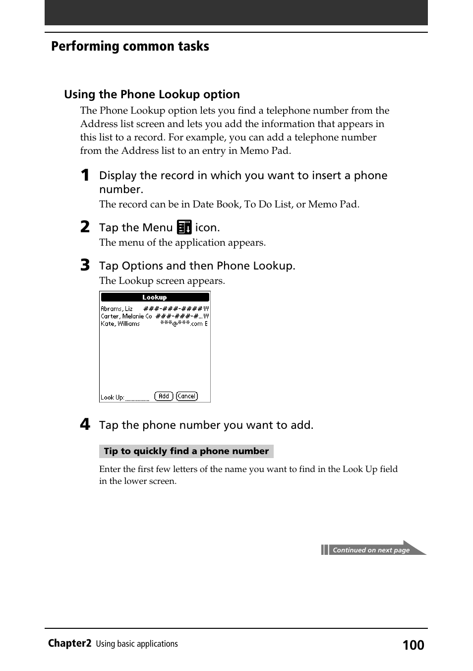 Phone lookup, Performing common tasks | Sony PEG-S320 User Manual | Page 100 / 233