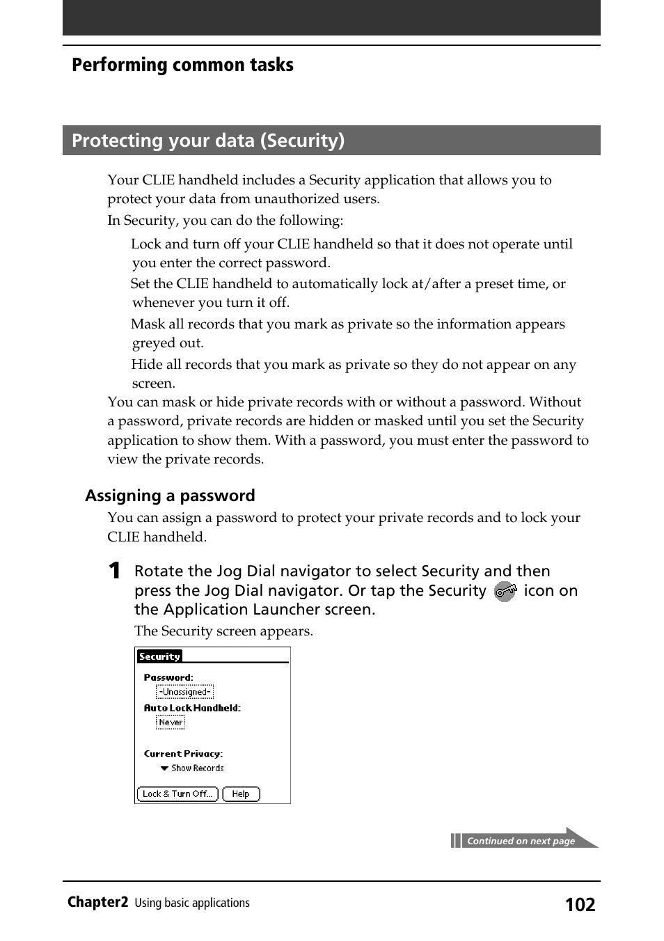 Protecting your data (security), Entering a password, Security | Password, Performing common tasks | Sony PEG-S320 User Manual | Page 102 / 233