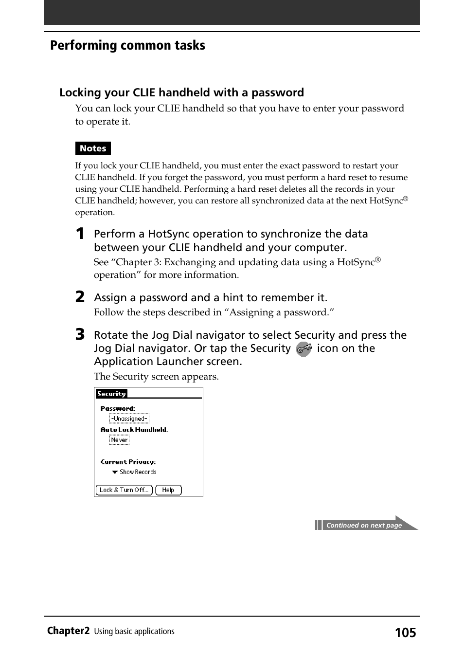 Locking your clie handheld, Performing common tasks | Sony PEG-S320 User Manual | Page 105 / 233