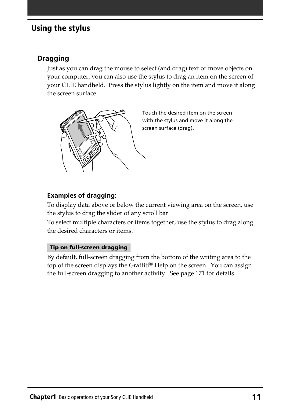 Dragging, Full-screen dragging, 11 using the stylus | Sony PEG-S320 User Manual | Page 11 / 233