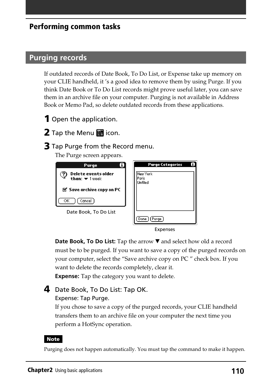 Purging records, Purging items, Performing common tasks purging records | Sony PEG-S320 User Manual | Page 110 / 233