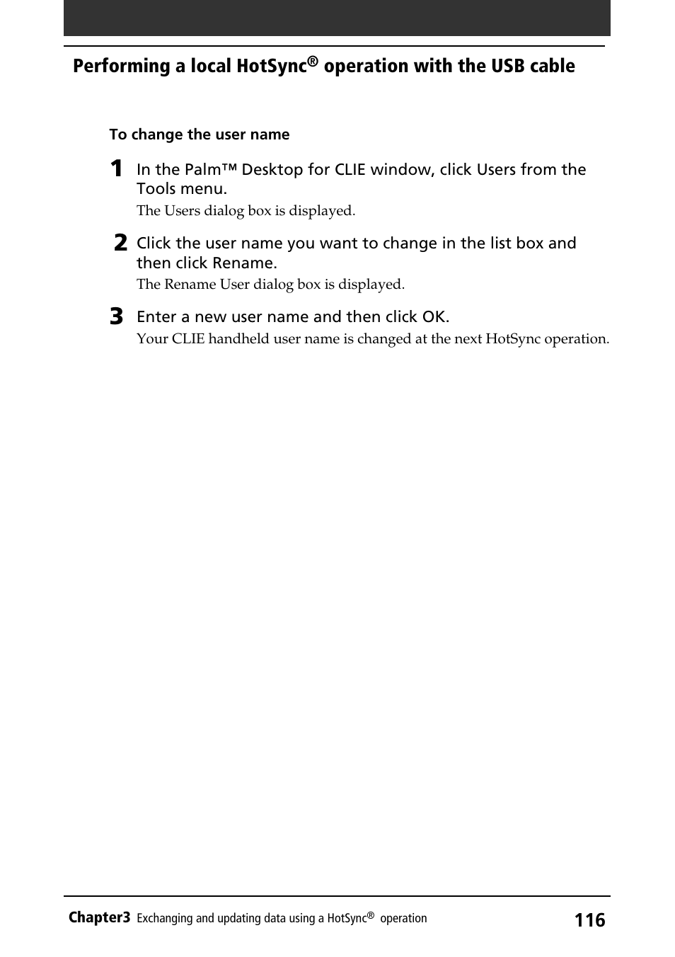 Changing a user name, User name, Performing a local hotsync | Operation with the usb cable | Sony PEG-S320 User Manual | Page 116 / 233