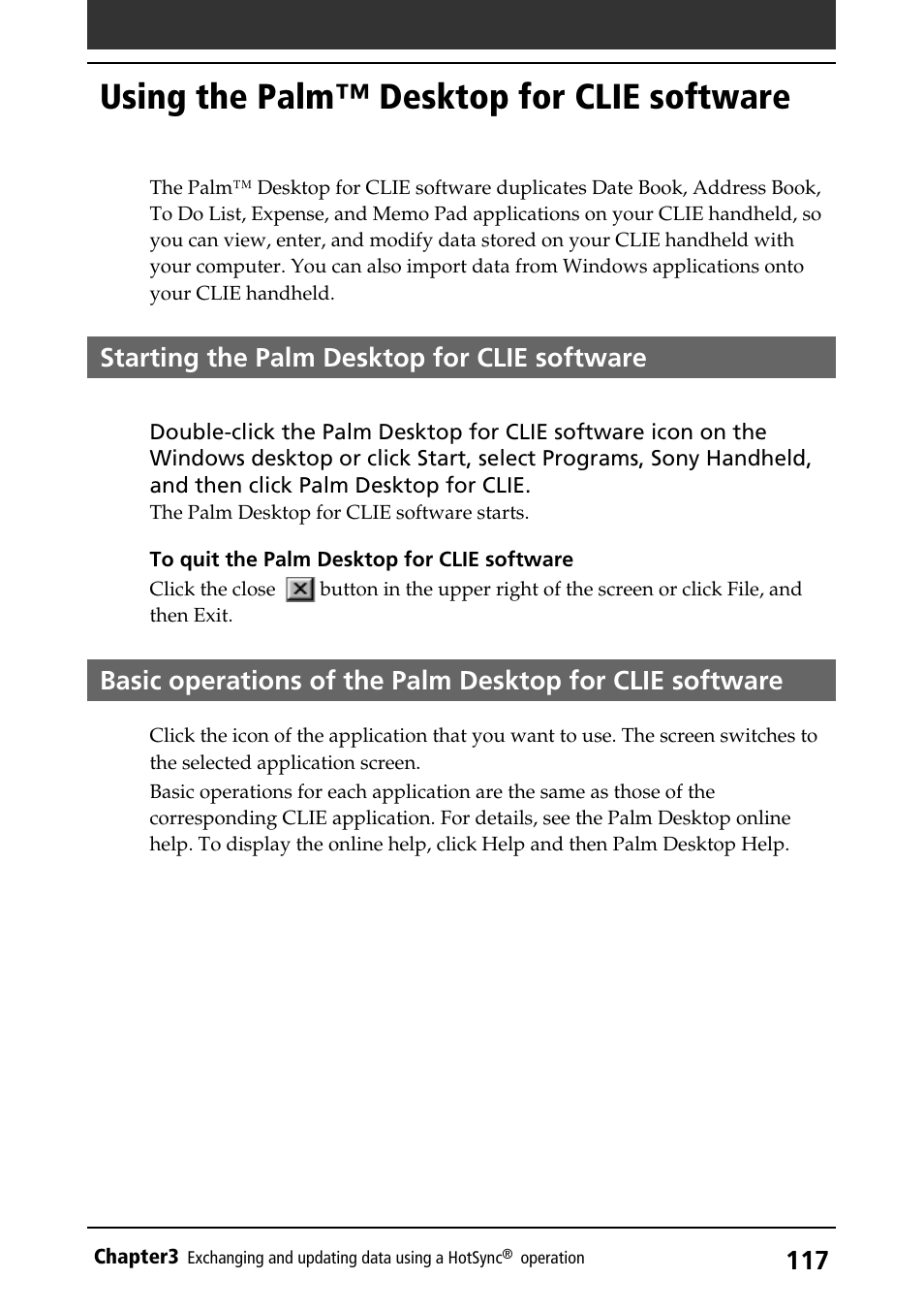 Using the palm™ desktop for clie software, Starting the palm desktop for clie software, Basic operations | Starting | Sony PEG-S320 User Manual | Page 117 / 233