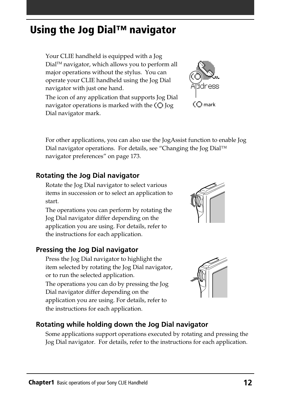 Using the jog dial™ navigator, Compatible applications, How to use (pressing/rotating) | Sony PEG-S320 User Manual | Page 12 / 233