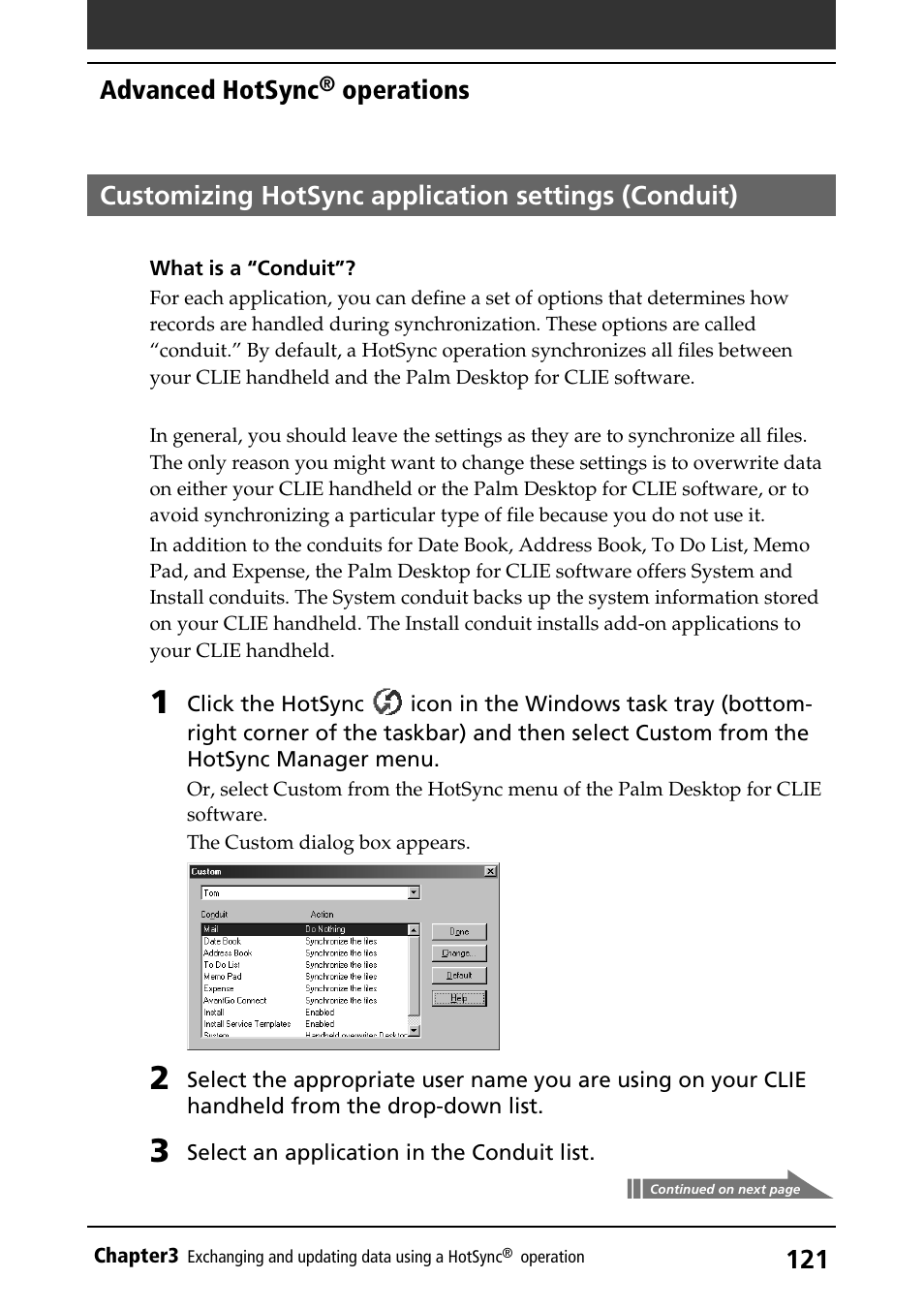Customizing hotsync application settings (conduit), Conduit, Selecting a conduit | Advanced hotsync, Operations | Sony PEG-S320 User Manual | Page 121 / 233