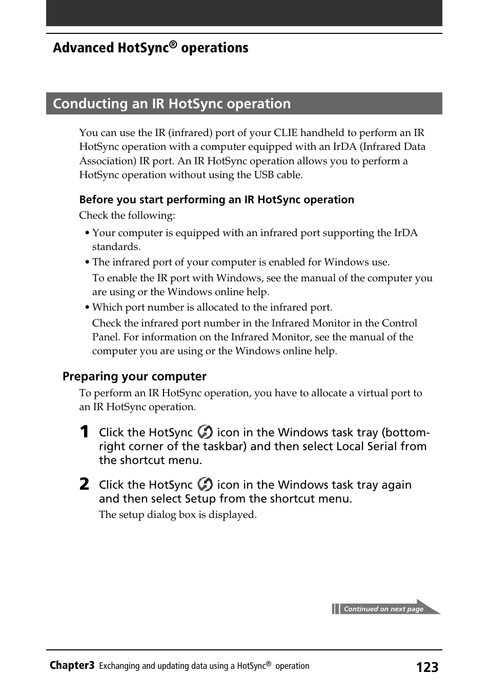 Conducting an ir hotsync operation, Via ir ports, Advanced hotsync | Operations | Sony PEG-S320 User Manual | Page 123 / 233