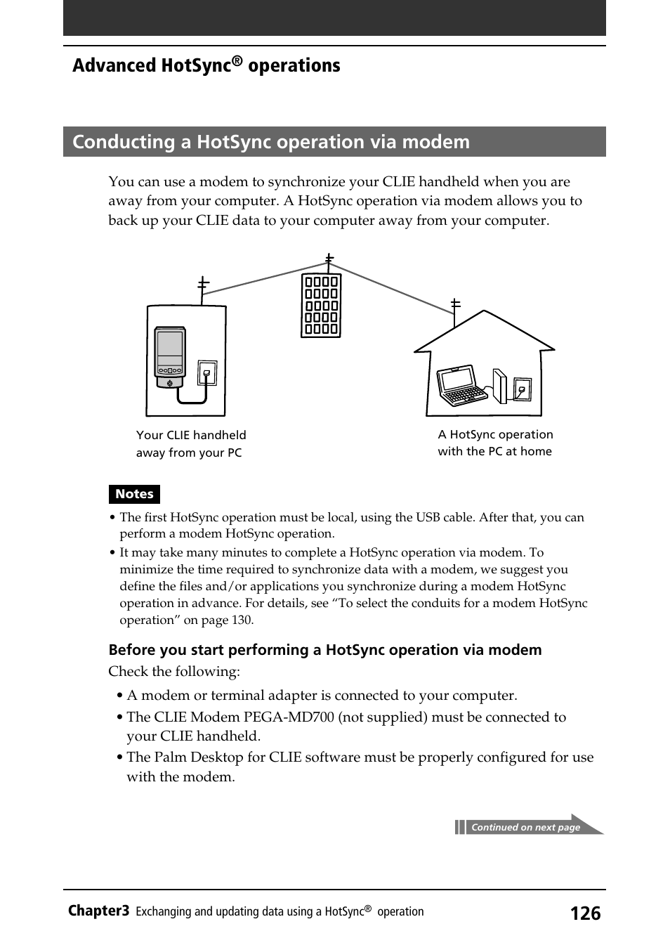 Conducting a hotsync operation via modem, Via modem, Advanced hotsync | Operations | Sony PEG-S320 User Manual | Page 126 / 233