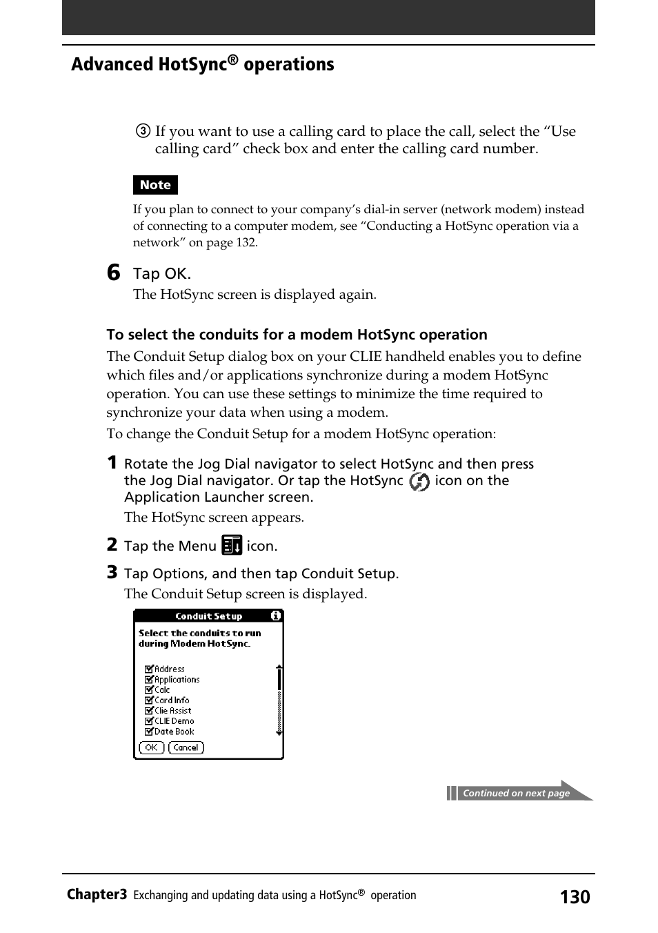 Advanced hotsync, Operations | Sony PEG-S320 User Manual | Page 130 / 233