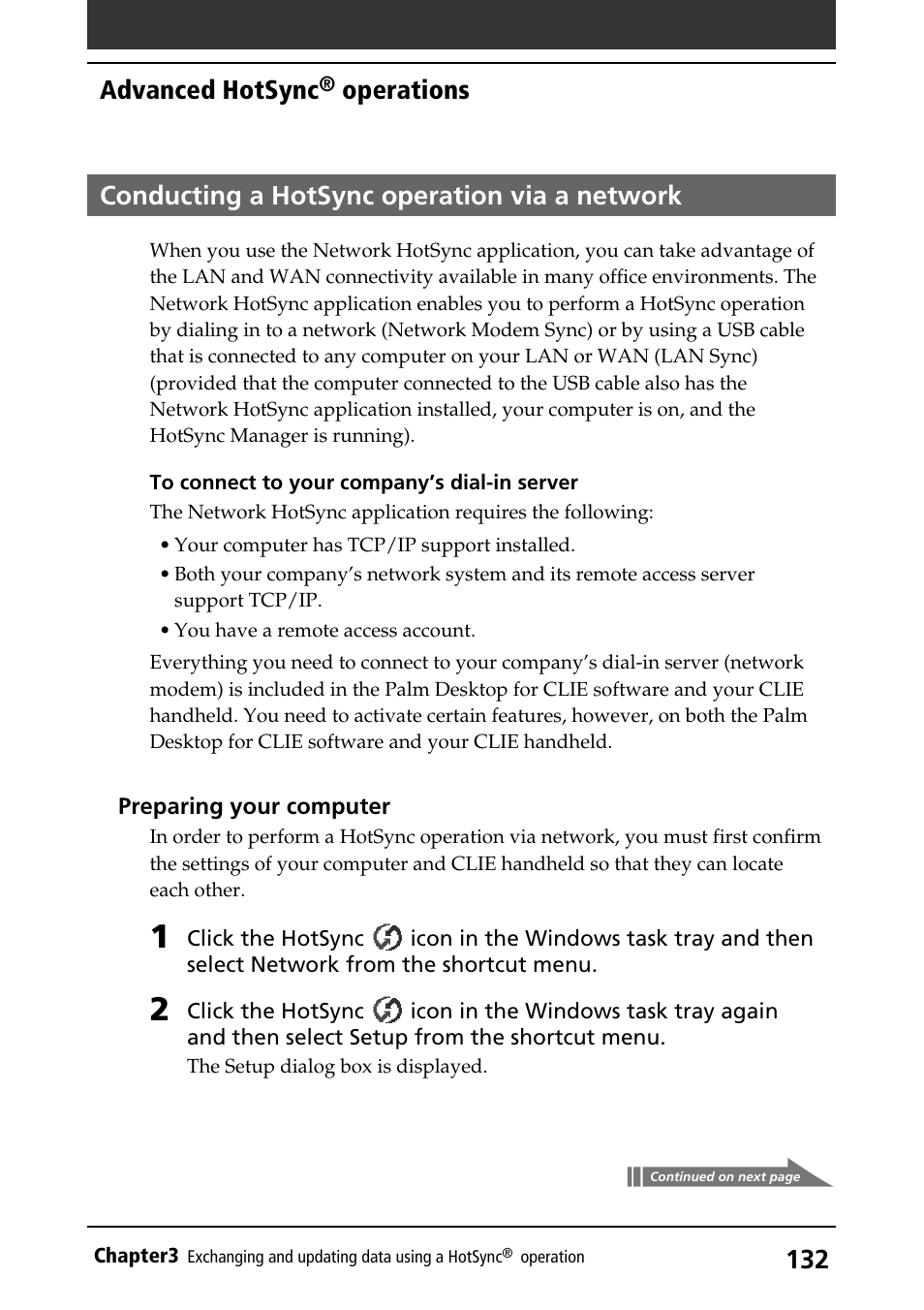 Conducting a hotsync operation via a network, Via network, Advanced hotsync | Operations | Sony PEG-S320 User Manual | Page 132 / 233