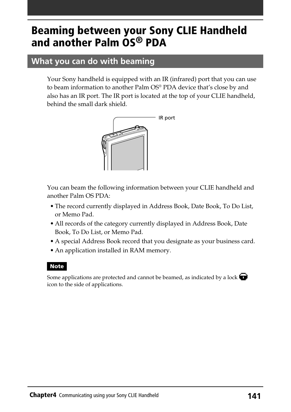 What you can do with beaming, Between two handhelds, Ir port | Sony PEG-S320 User Manual | Page 141 / 233