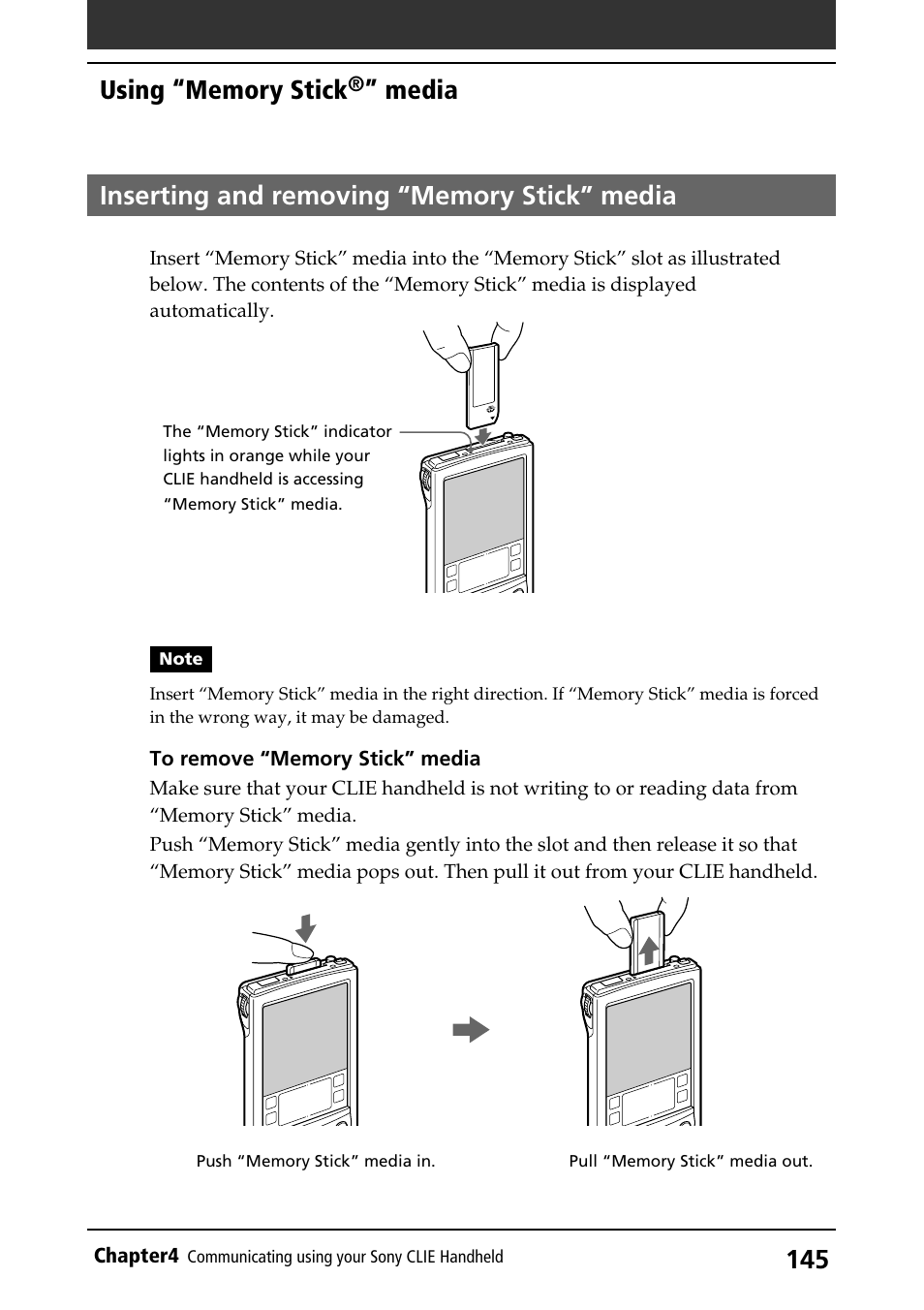 Inserting and removing “memory stick” media, Memory stick” indicator, Inserting and removing | Media | Sony PEG-S320 User Manual | Page 145 / 233