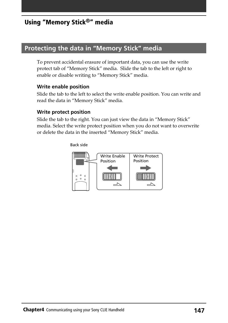 Protecting the data in “memory stick” media, Protecting data, Media | Sony PEG-S320 User Manual | Page 147 / 233