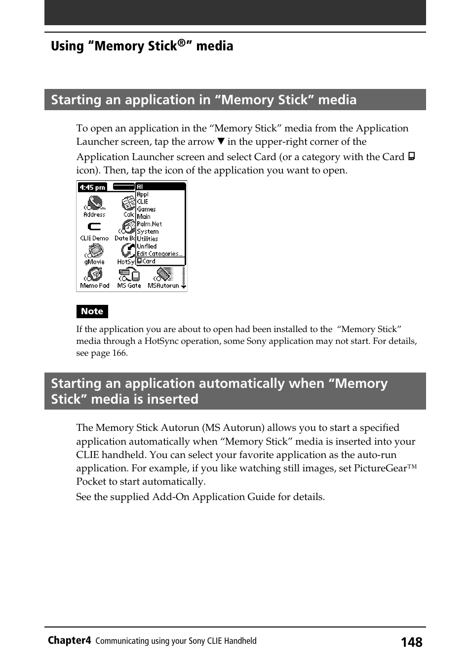 Starting an application in “memory stick” media, Media | Sony PEG-S320 User Manual | Page 148 / 233
