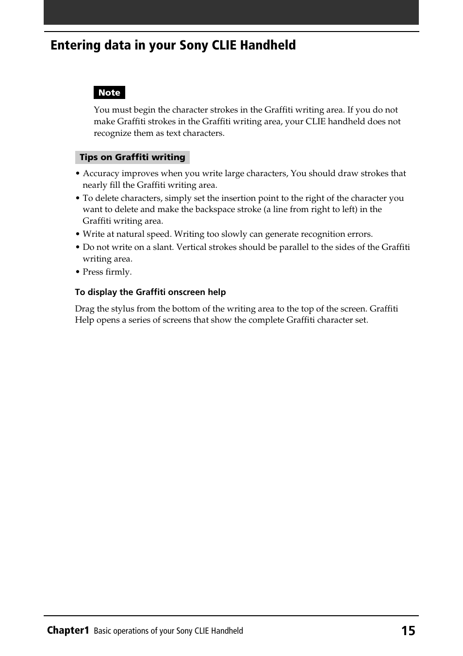 Onscreen help, Entering data in your sony clie handheld | Sony PEG-S320 User Manual | Page 15 / 233