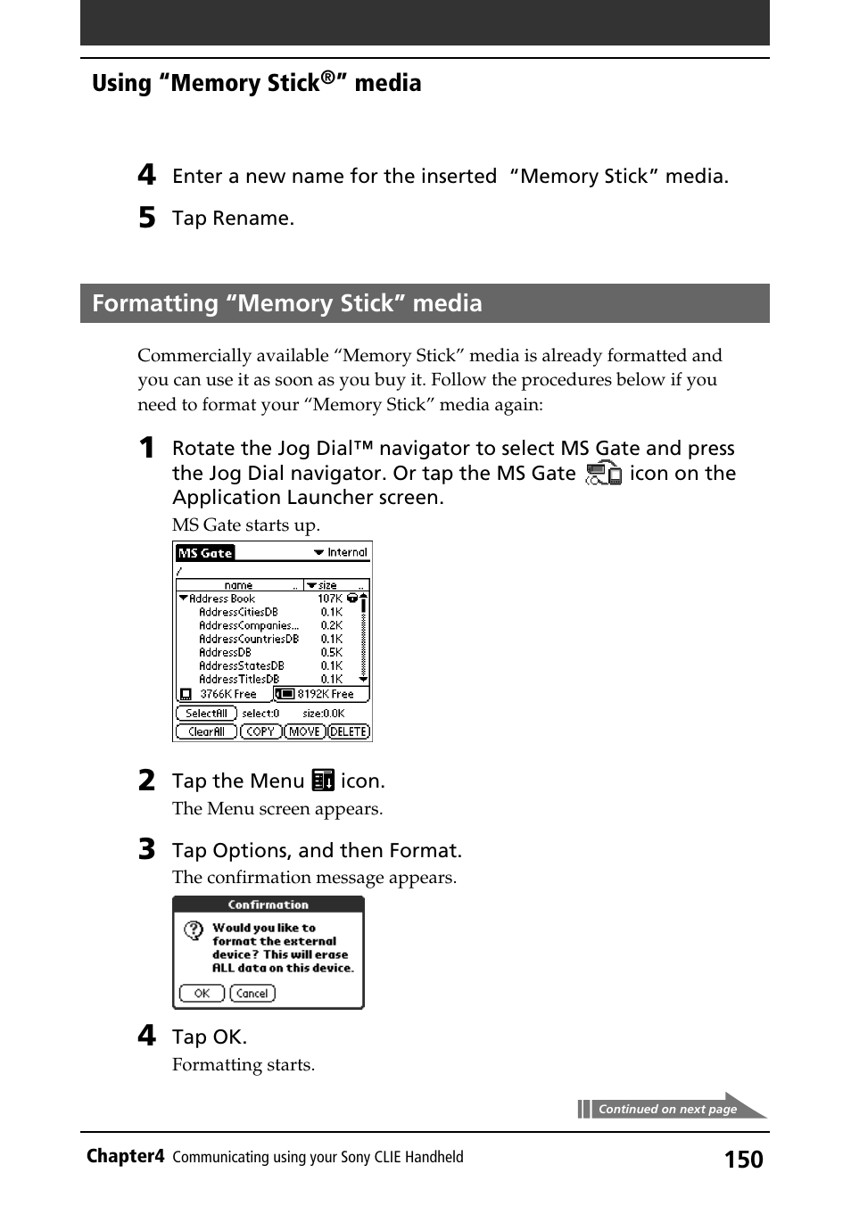 Formatting “memory stick” media, Formatting | Sony PEG-S320 User Manual | Page 150 / 233