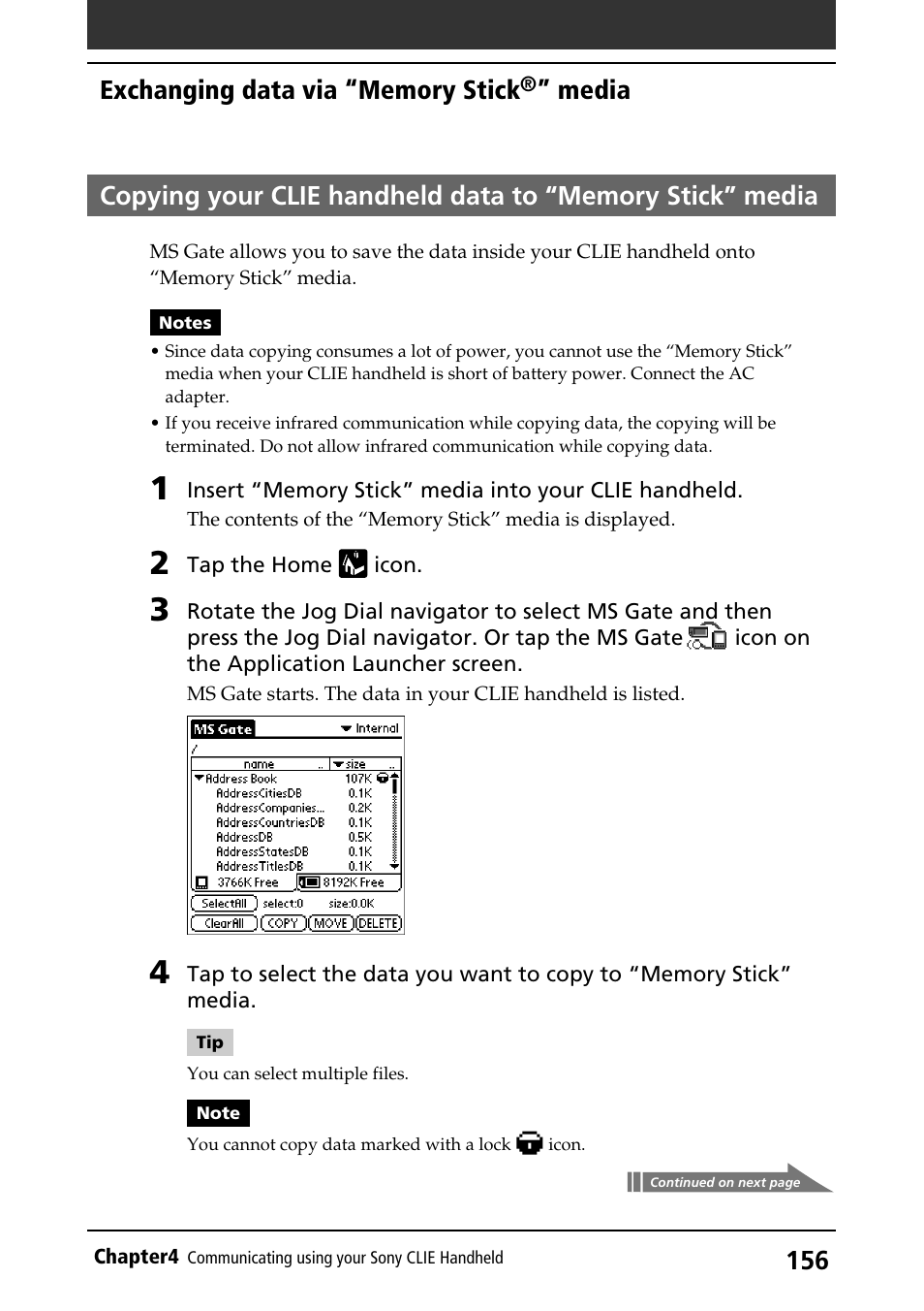 Copying data to “memory stick” media, Copying clie data to “memory stick” media, Media | Sony PEG-S320 User Manual | Page 156 / 233