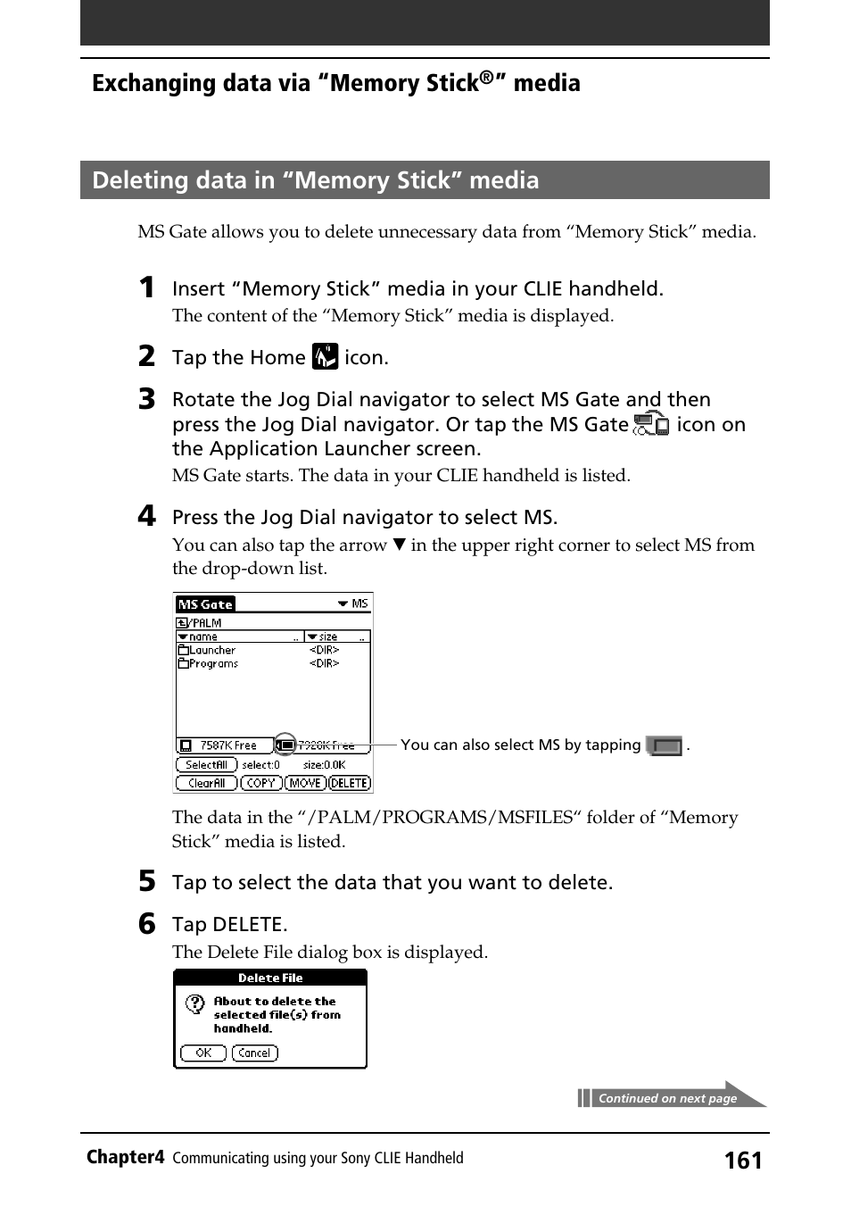 Deleting data in “memory stick” media, Data in “memory stick” media, Deleting data | Deleting data in “memory stick” media 161 | Sony PEG-S320 User Manual | Page 161 / 233