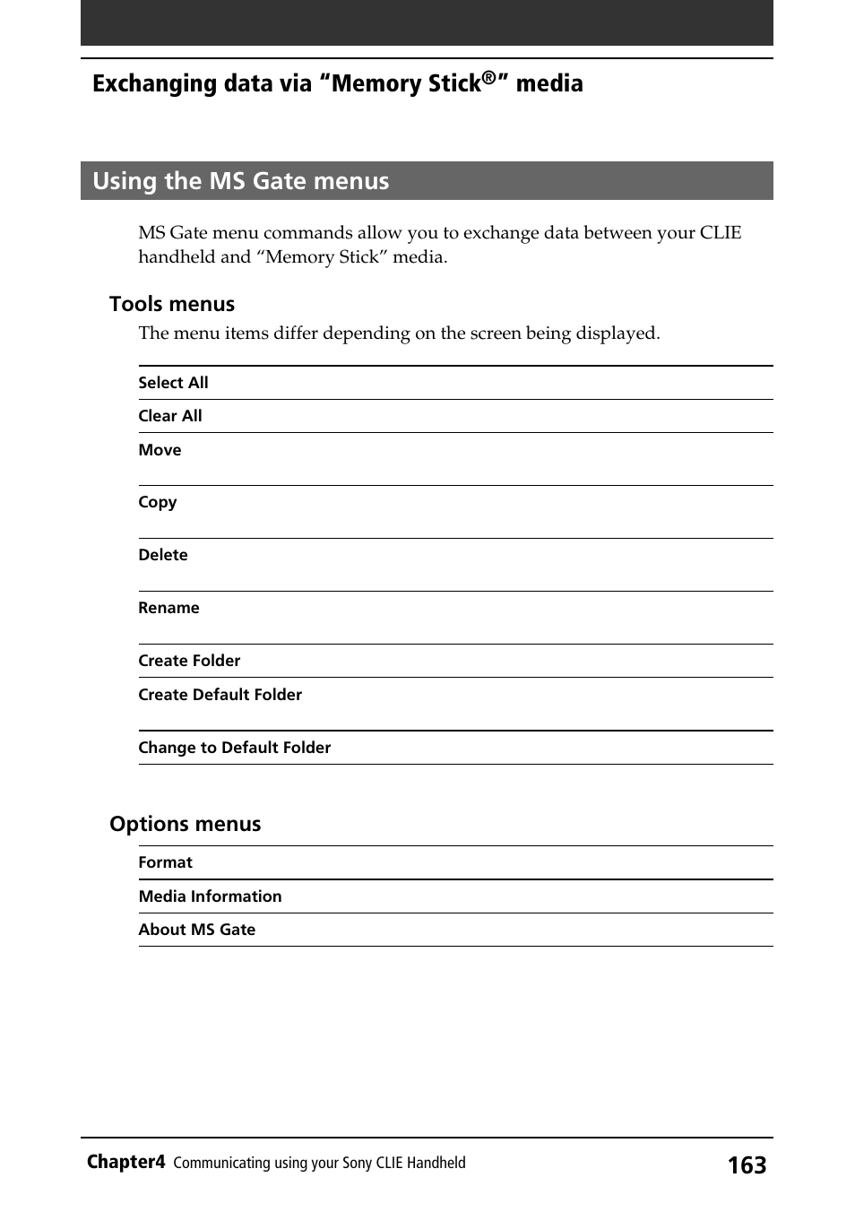 Using the ms gate menus, Using menus, Media | Sony PEG-S320 User Manual | Page 163 / 233