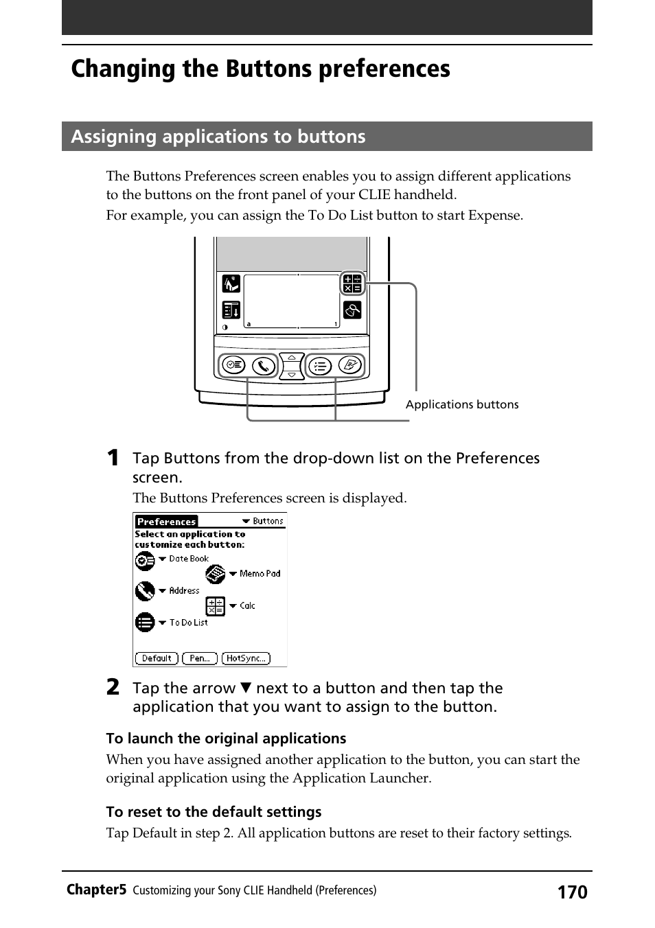 Changing the buttons preferences, Assigning applications to buttons, Buttons | Changing the buttons preferences . 170 | Sony PEG-S320 User Manual | Page 170 / 233