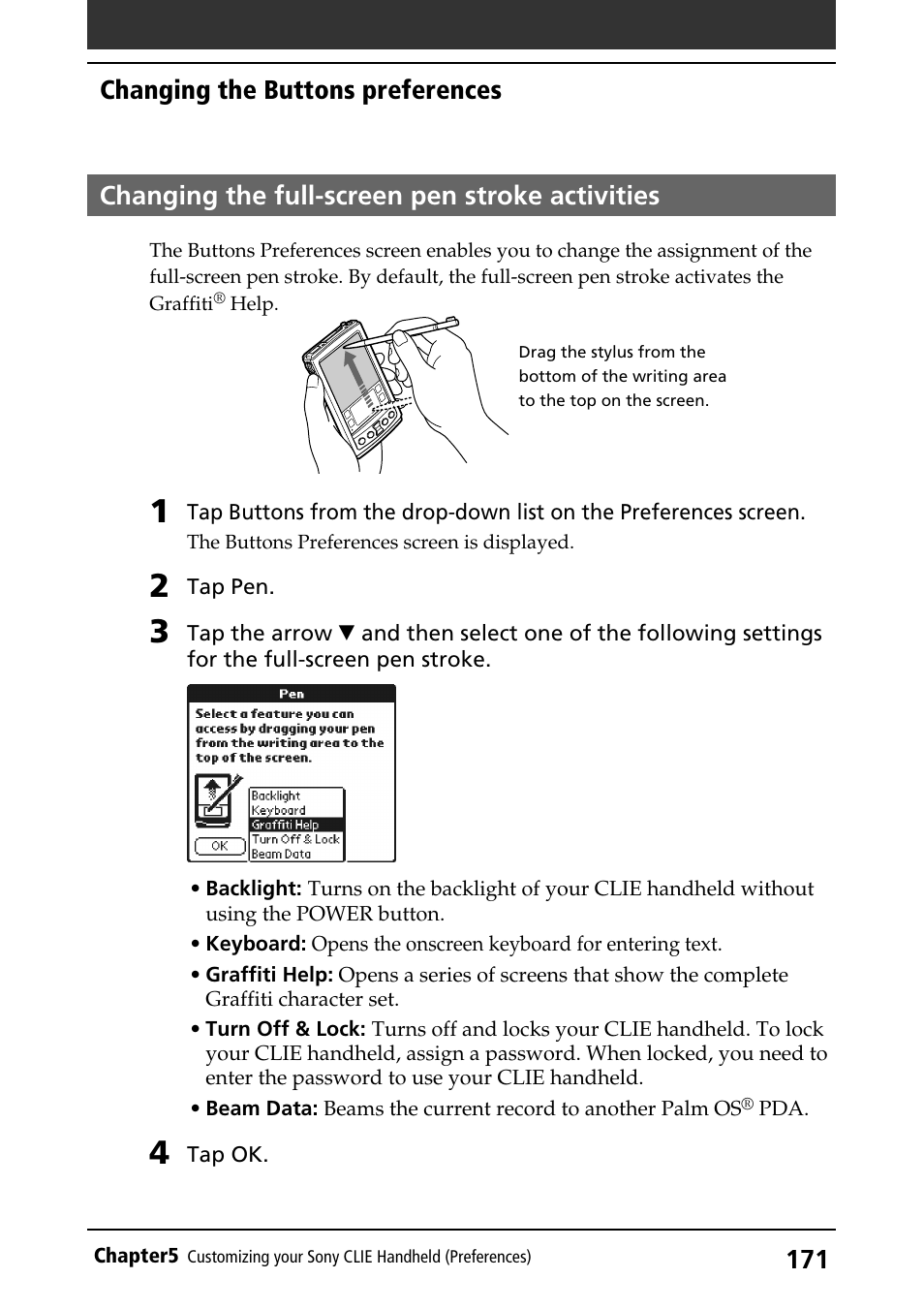Changing the full-screen pen stroke activities, Full-screen pen stroke activities, Changing the buttons preferences | Sony PEG-S320 User Manual | Page 171 / 233