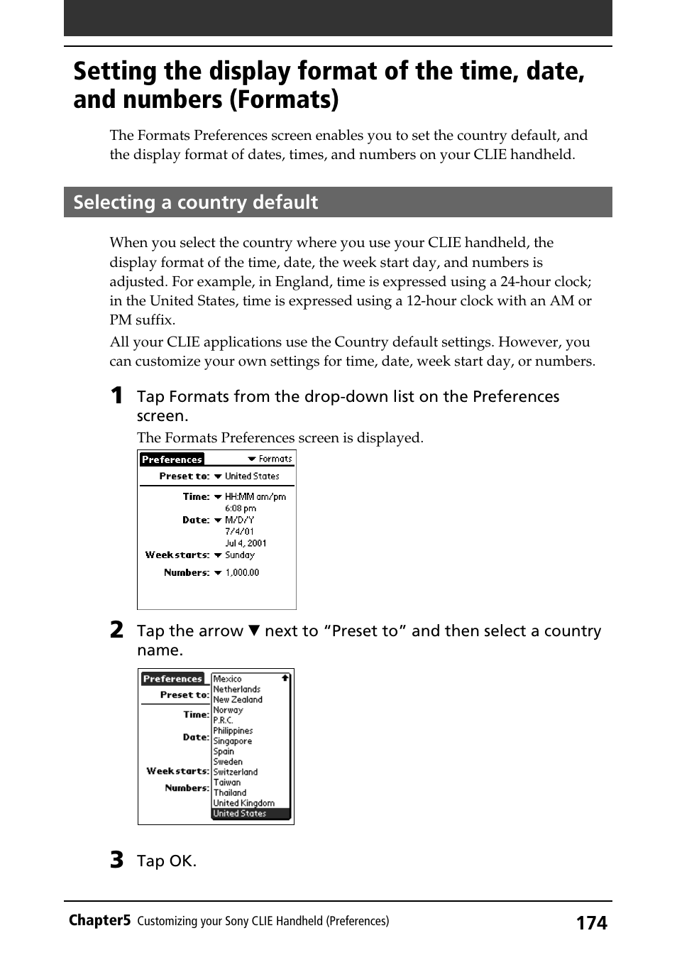 Selecting a country default, Display formats | Sony PEG-S320 User Manual | Page 174 / 233