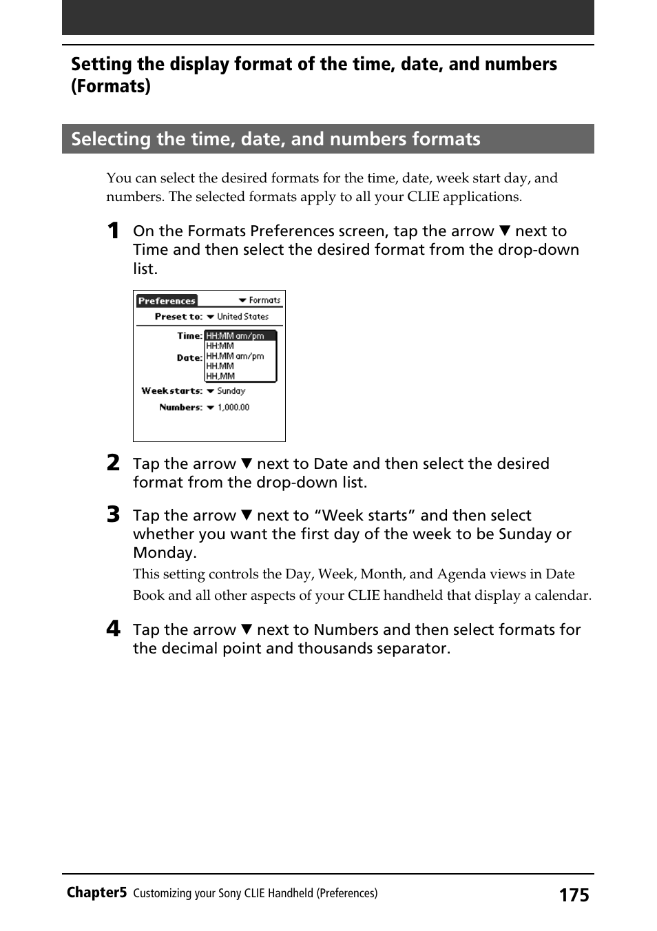 Selecting the time, date, and numbers formats, Time, date, and numbers formats | Sony PEG-S320 User Manual | Page 175 / 233