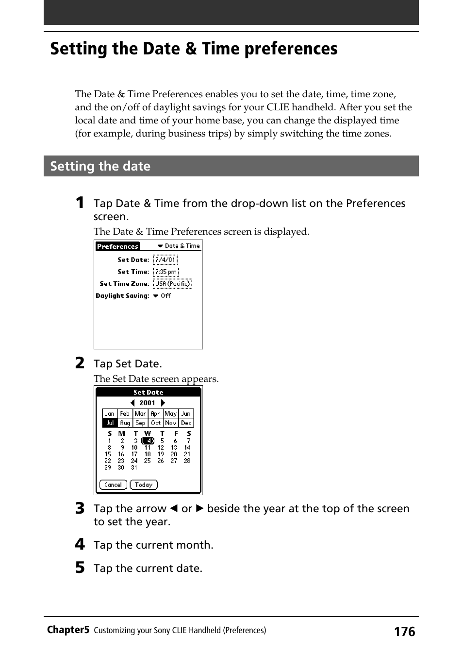 Setting the date & time preferences, Setting the date, Date & time preferences | Date | Sony PEG-S320 User Manual | Page 176 / 233