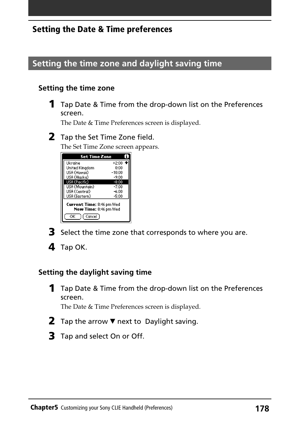 Setting the time zone and daylight saving time, Daylight saving time, Time zone | Sony PEG-S320 User Manual | Page 178 / 233