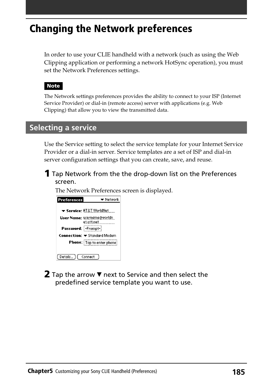 Selecting a service, Changing the network preferences, Changing the network preferences . 185 | Sony PEG-S320 User Manual | Page 185 / 233