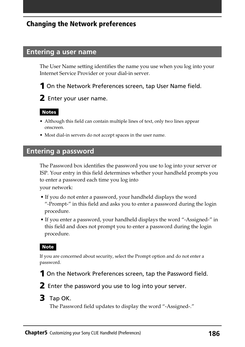 Entering a user name, Entering a password, Entering a user name entering a password | Changing the network preferences | Sony PEG-S320 User Manual | Page 186 / 233