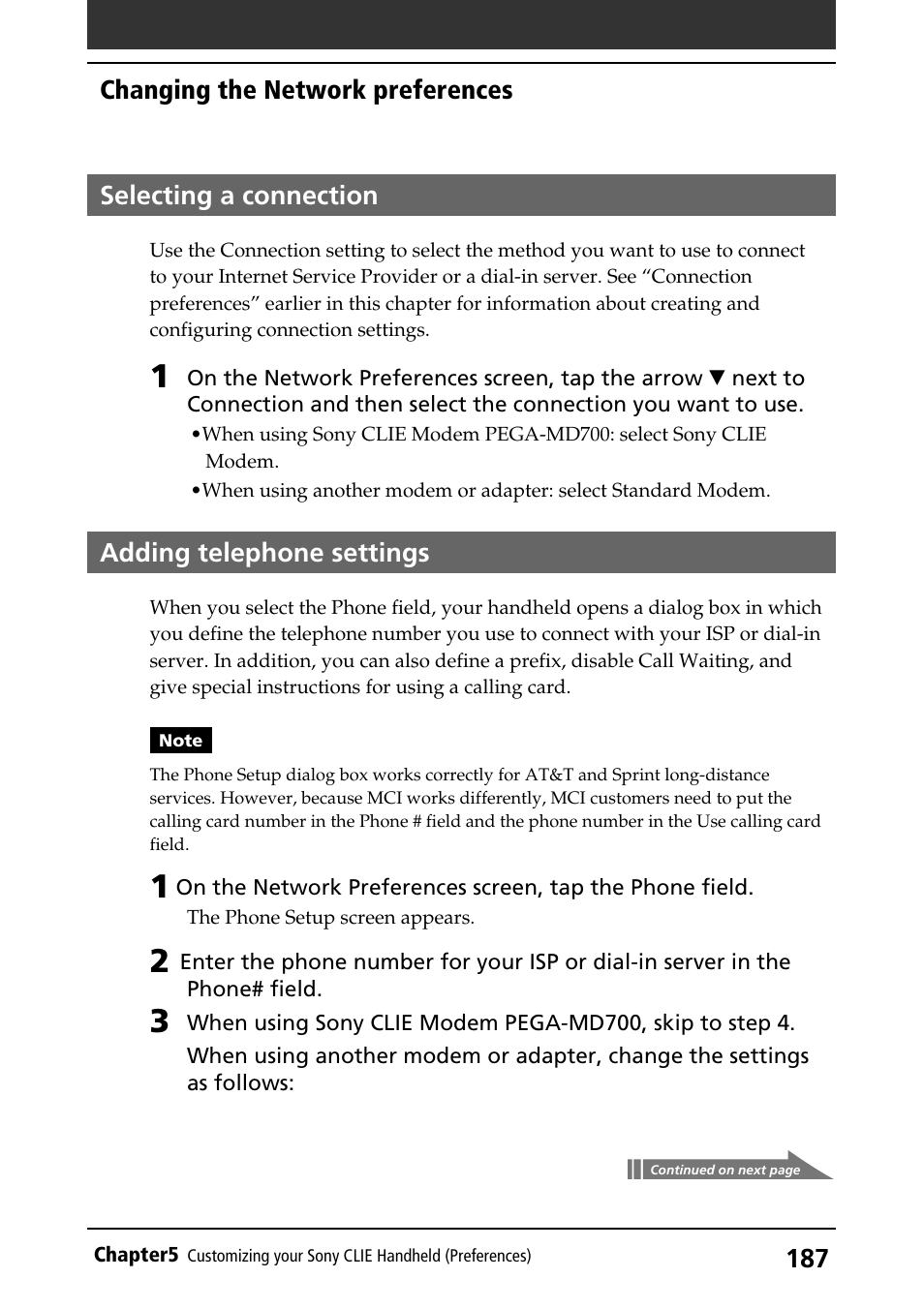 Selecting a connection, Adding telephone settings, Changing the network preferences | Sony PEG-S320 User Manual | Page 187 / 233