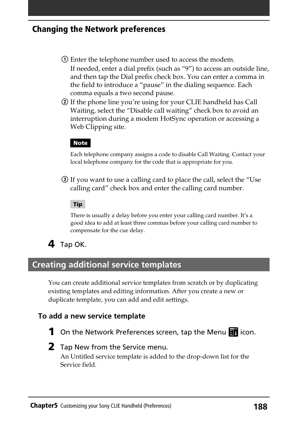 Creating additional service templates, Changing the network preferences | Sony PEG-S320 User Manual | Page 188 / 233