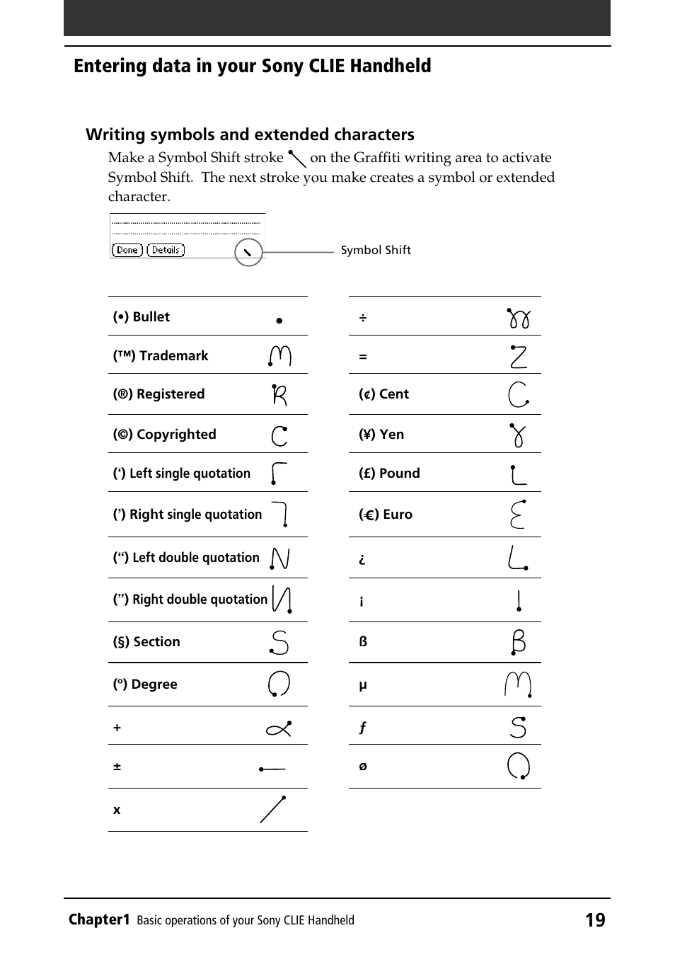 Symbol or extended characters, Entering data in your sony clie handheld | Sony PEG-S320 User Manual | Page 19 / 233