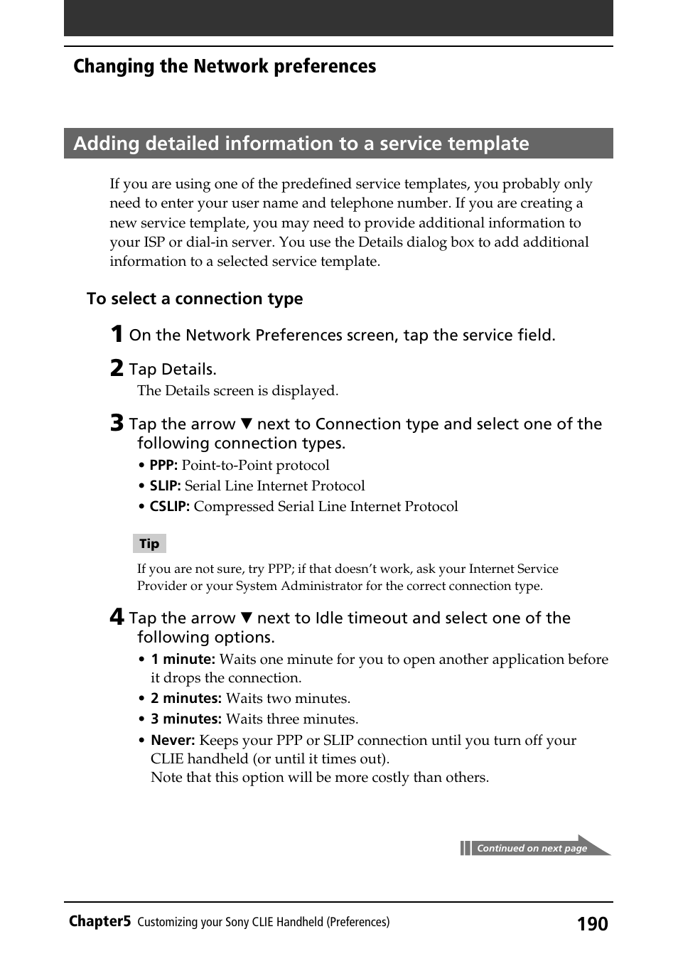 Adding detailed information to a service template, Changing the network preferences | Sony PEG-S320 User Manual | Page 190 / 233