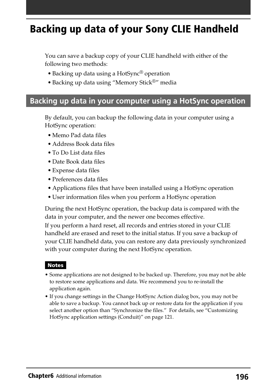 Backing up data of your sony clie handheld, By a hotsync operation | Sony PEG-S320 User Manual | Page 196 / 233