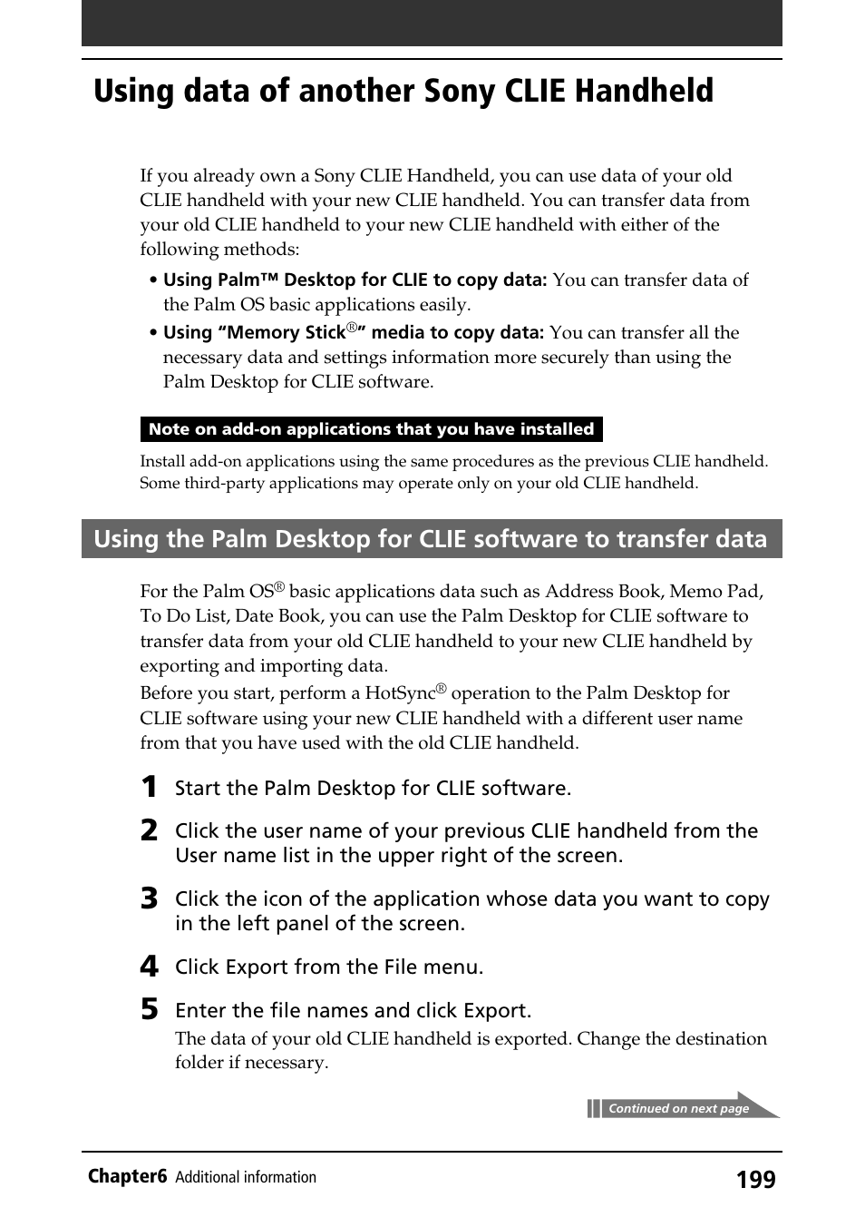 Using data of another sony clie handheld, Using palm desktop for clie, Using multiple clie handhelds | Sony PEG-S320 User Manual | Page 199 / 233