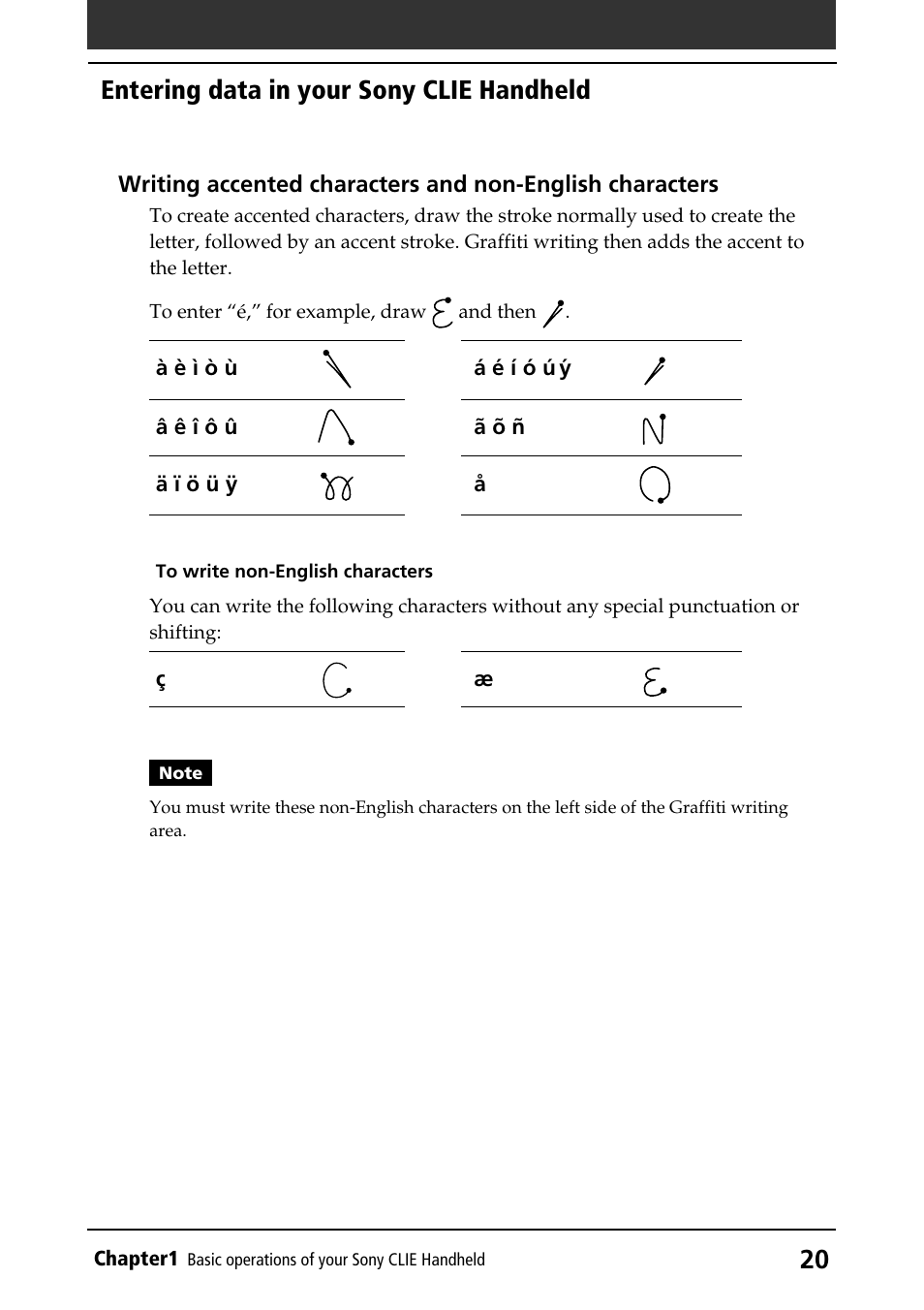 Accented characters, Non-english characters, Entering data in your sony clie handheld | Sony PEG-S320 User Manual | Page 20 / 233
