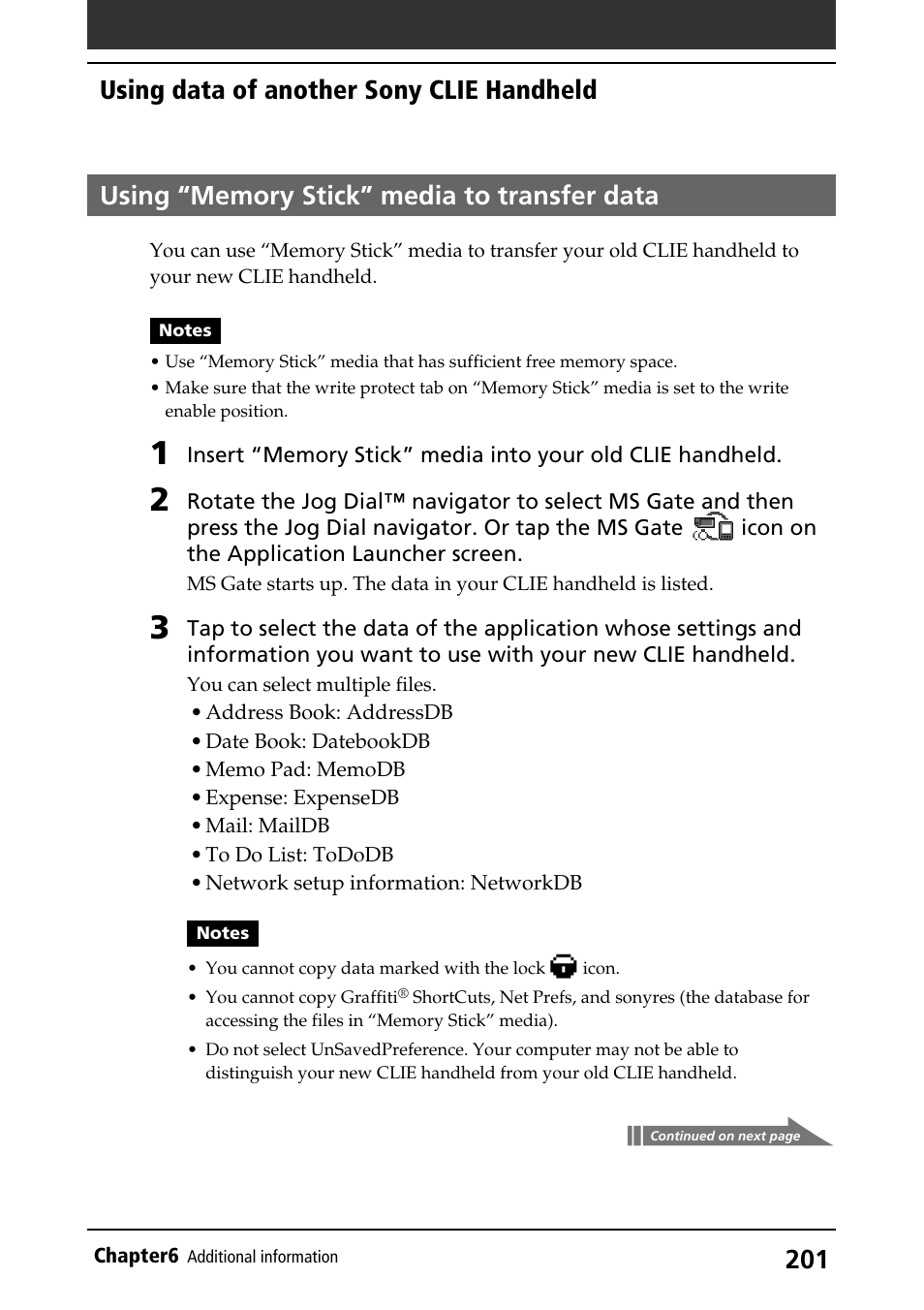 Using “memory stick” media to transfer data, Transferring data between two clie handhelds, Using “memory stick” media | Using data of another sony clie handheld | Sony PEG-S320 User Manual | Page 201 / 233