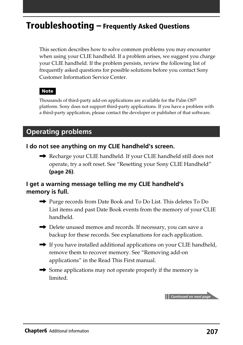 Troubleshooting – frequently asked questions, Troubleshooting, Faq(frequently asked questions) | Operations, Frequently asked questions, Operating problems | Sony PEG-S320 User Manual | Page 207 / 233