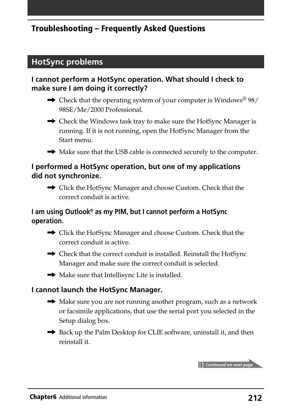 Troubleshooting, Hotsync operations, Hotsync problems | Troubleshooting – frequently asked questions | Sony PEG-S320 User Manual | Page 212 / 233