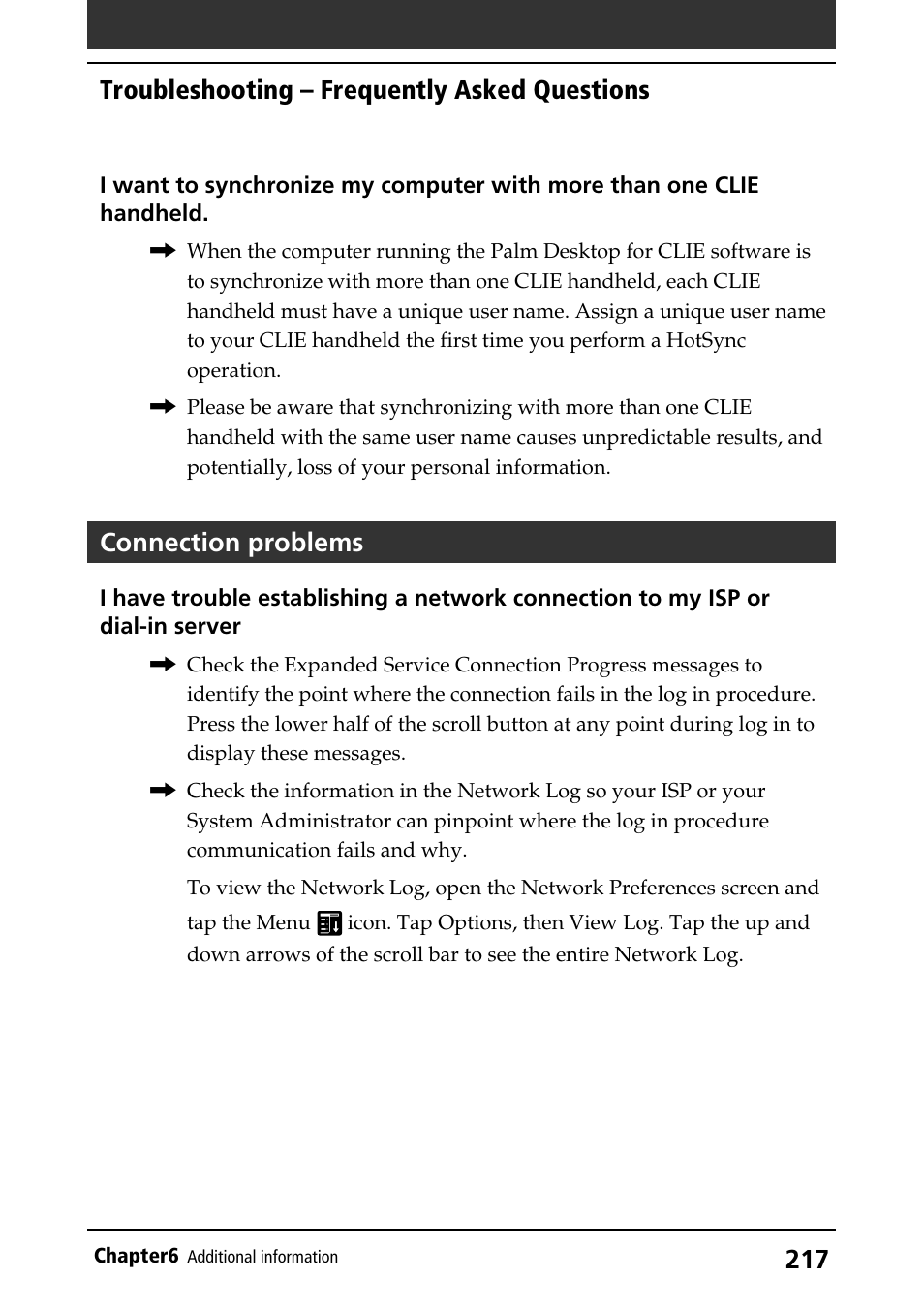 Connection problems, Troubleshooting – frequently asked questions | Sony PEG-S320 User Manual | Page 217 / 233
