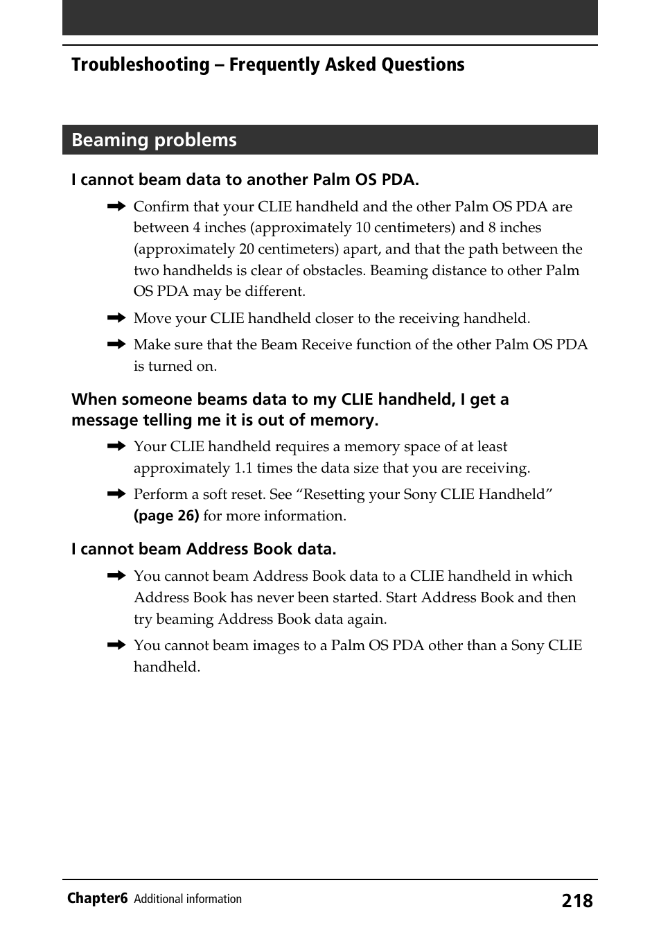 Troubleshooting, Beaming, Beaming problems | Troubleshooting – frequently asked questions | Sony PEG-S320 User Manual | Page 218 / 233