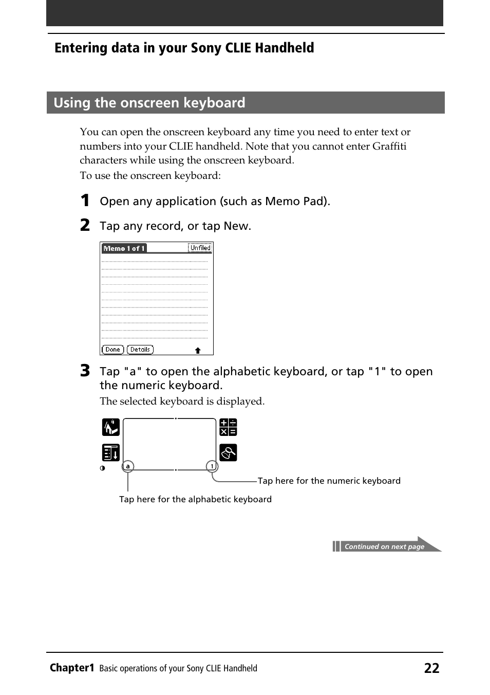 Using the onscreen keyboard, Onscreen keyboard, 22 using the onscreen keyboard | Entering data in your sony clie handheld | Sony PEG-S320 User Manual | Page 22 / 233