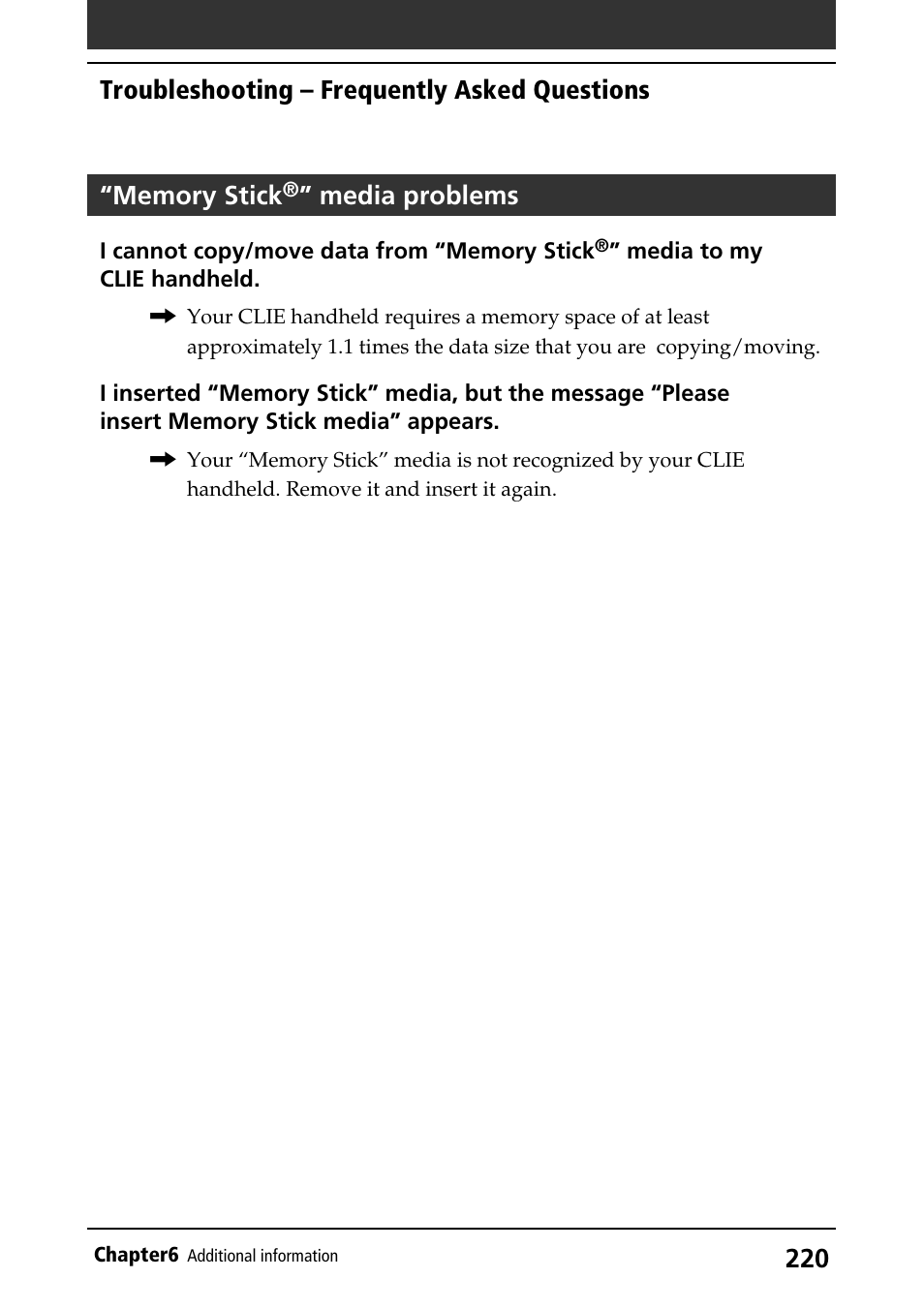 Troubleshooting, Memory stick” media, Media problems | Sony PEG-S320 User Manual | Page 220 / 233