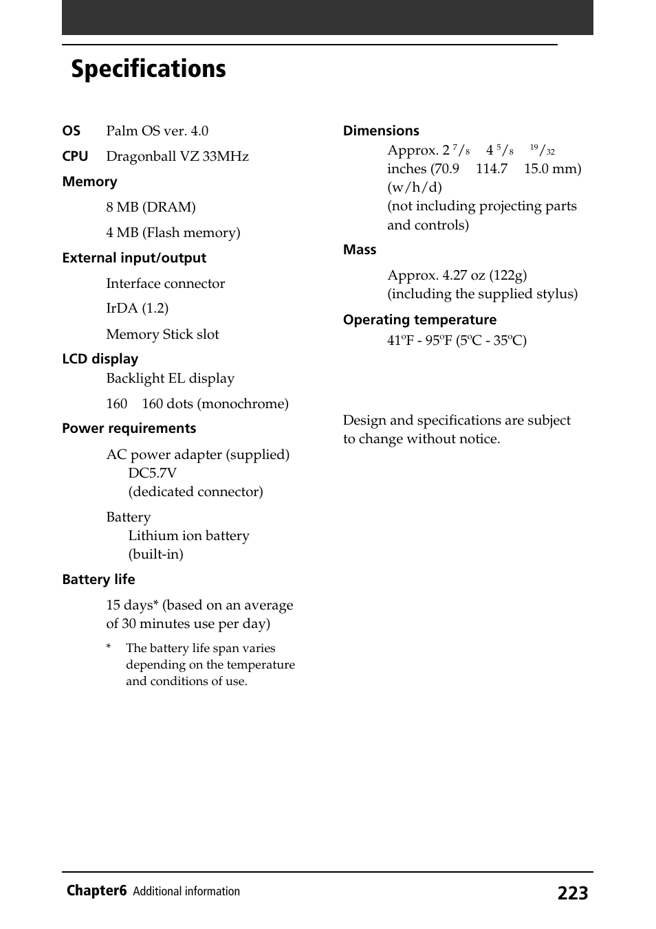 Specifications | Sony PEG-S320 User Manual | Page 223 / 233