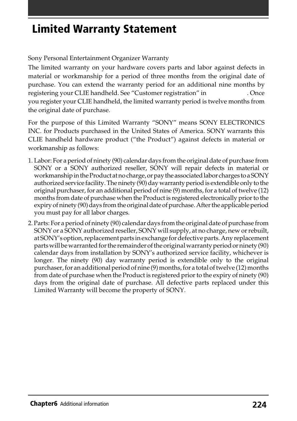 Limited warranty statement | Sony PEG-S320 User Manual | Page 224 / 233