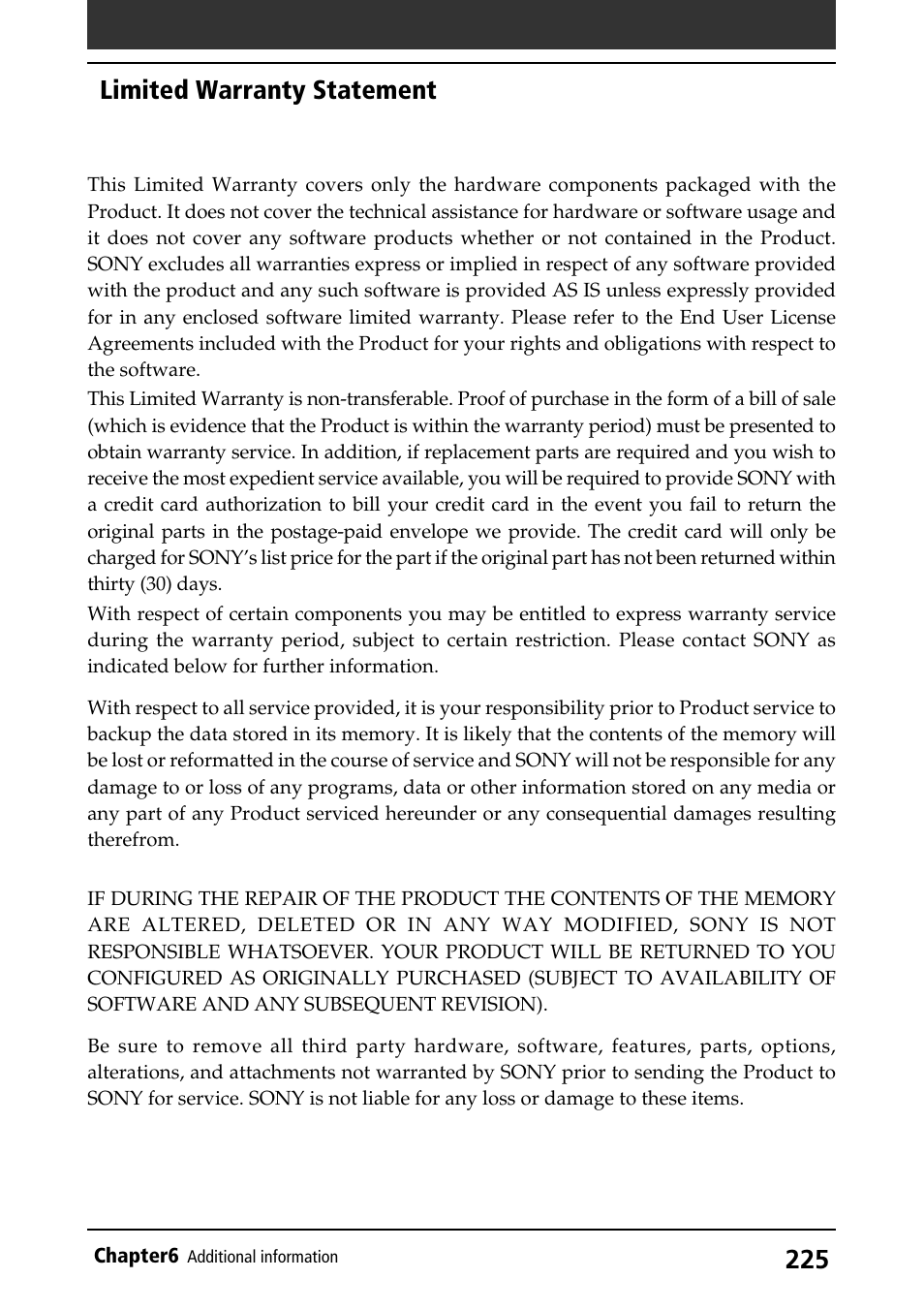 Limited warranty statement | Sony PEG-S320 User Manual | Page 225 / 233