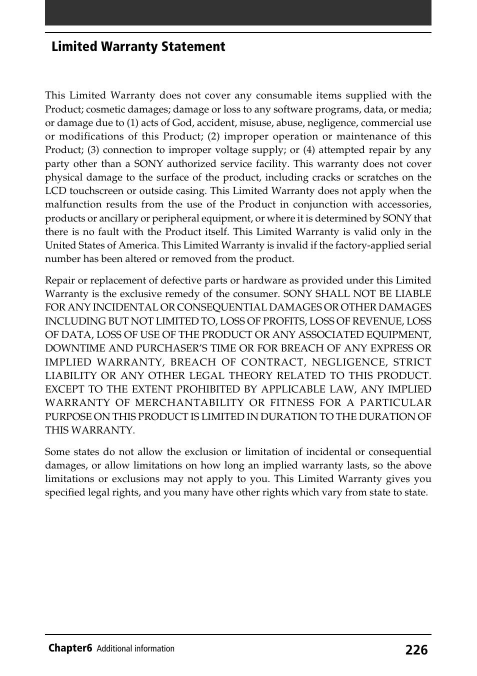 Limited warranty statement | Sony PEG-S320 User Manual | Page 226 / 233